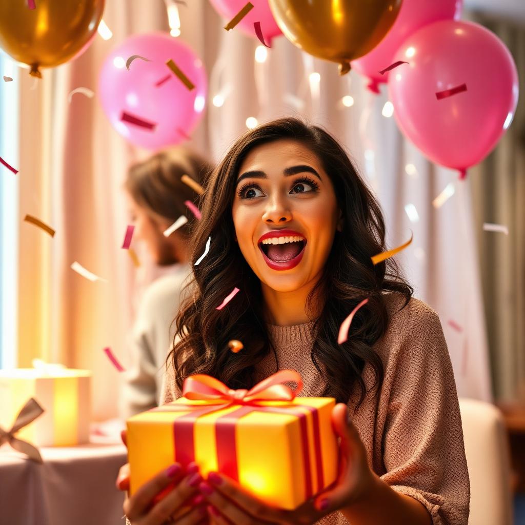 Happy woman opening glowing gift box at birthday gathering with confetti
