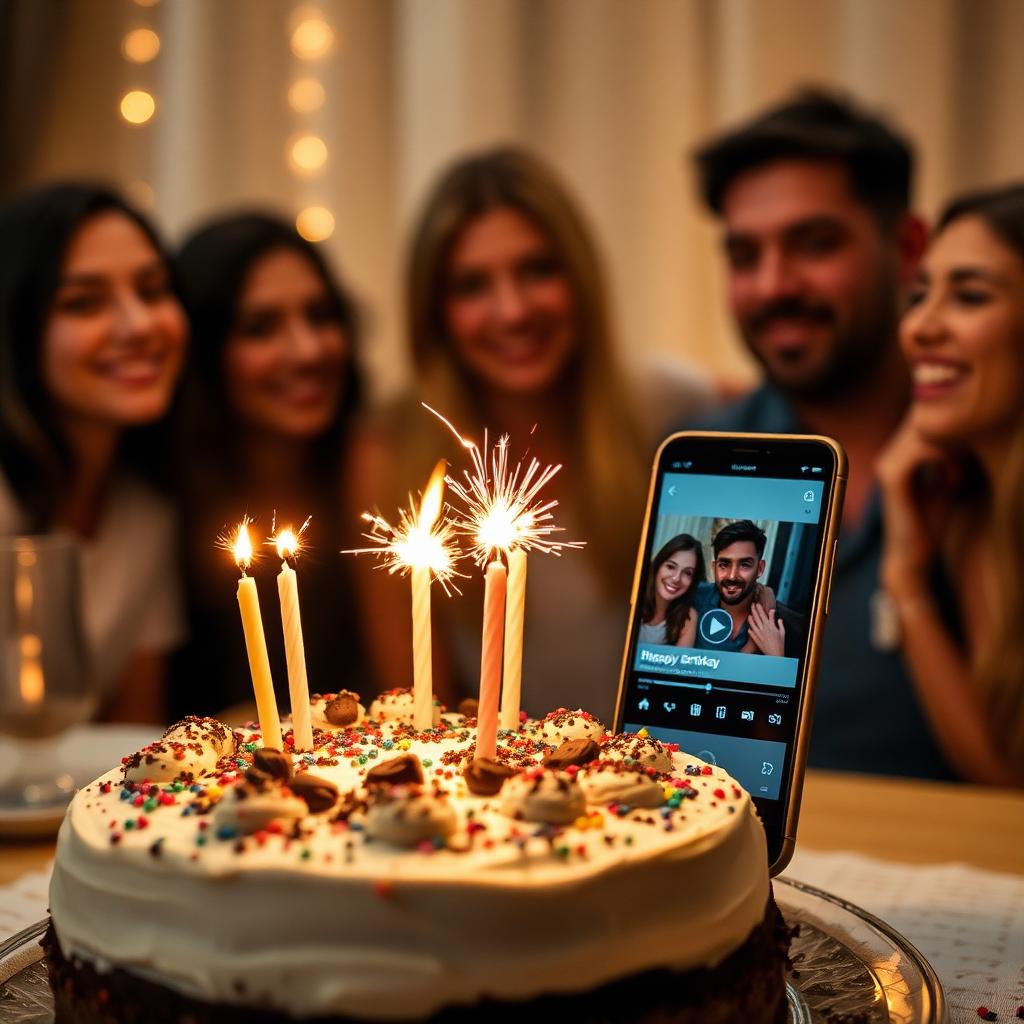 Birthday cake with sparkler candles and phone playing personalised video