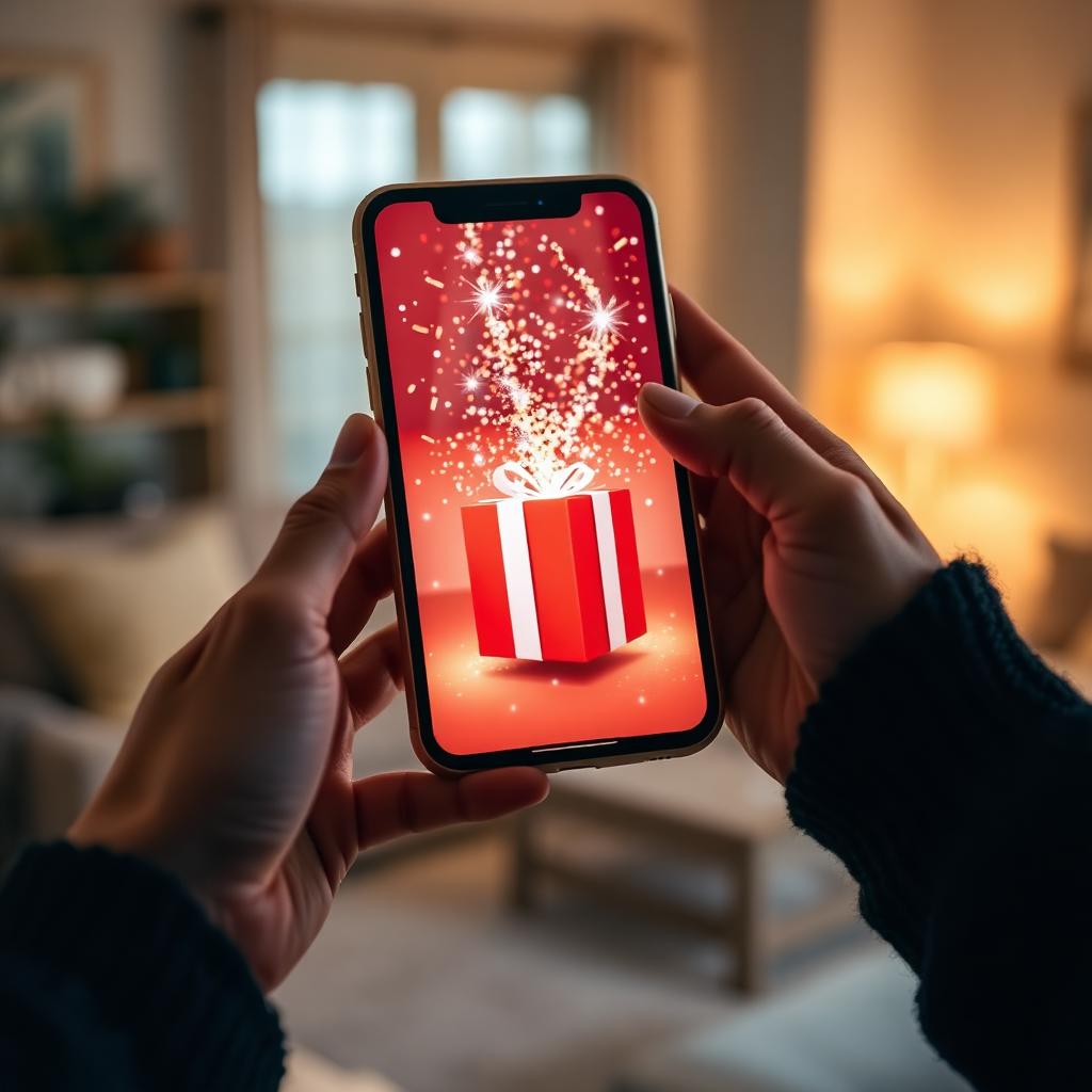 Phone showing animated gift box opening with confetti