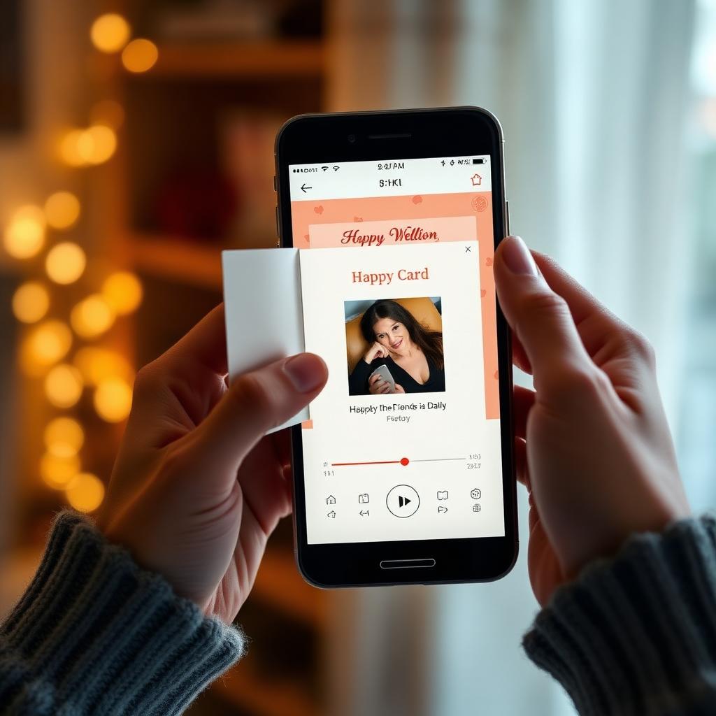 Hands holding phone with opened greeting card showing photo and music