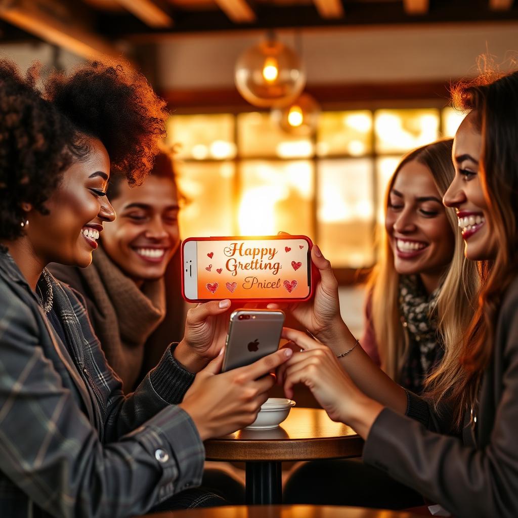 Friends signing digital greeting card on phone in cafe