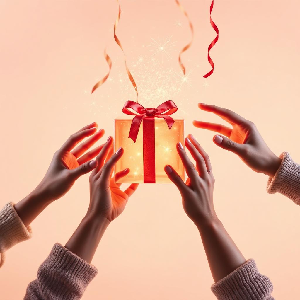 Multiple hands reaching toward glowing wrapped gift box