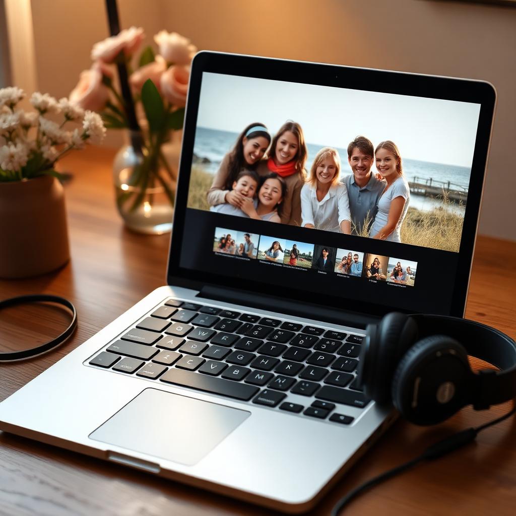 Laptop displaying photo slideshow with music