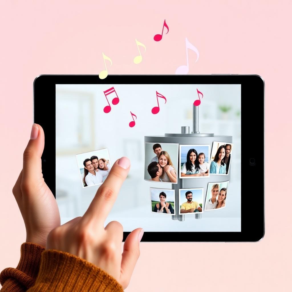 Tablet showing photo carousel with music notes floating