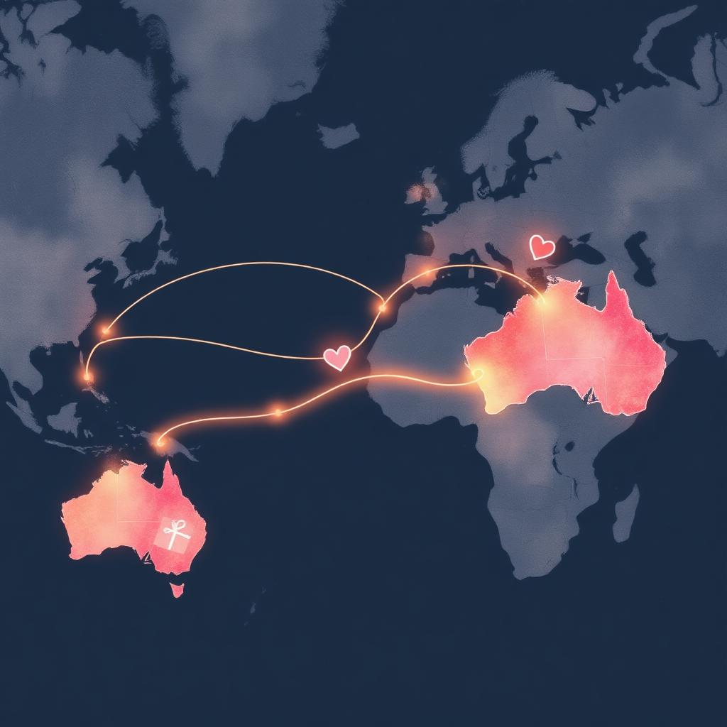 World map with glowing line connecting Australia to overseas family
