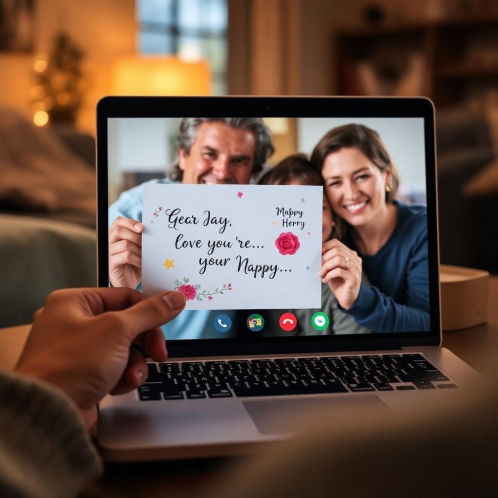 Family video call with someone holding personalised greeting card