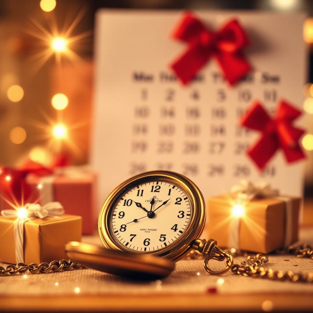 Vintage gold pocket watch with floating gift boxes and sparkles