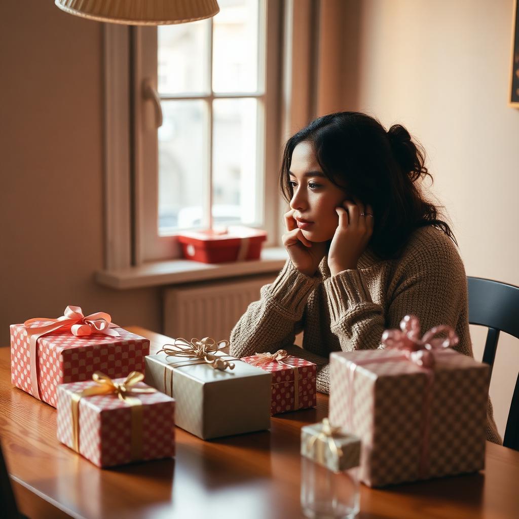 Person looking at multiple wrapped gift options on wooden table