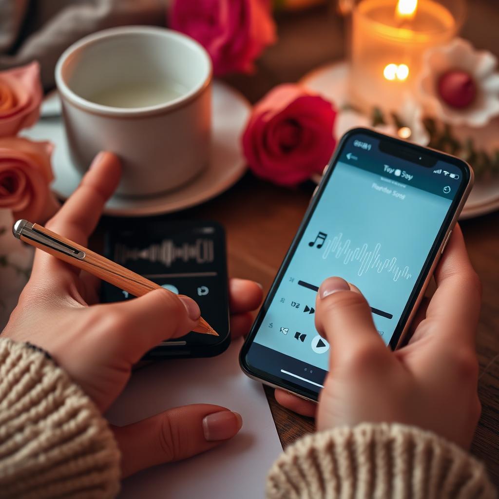 Hands writing personal note next to phone with song waveform