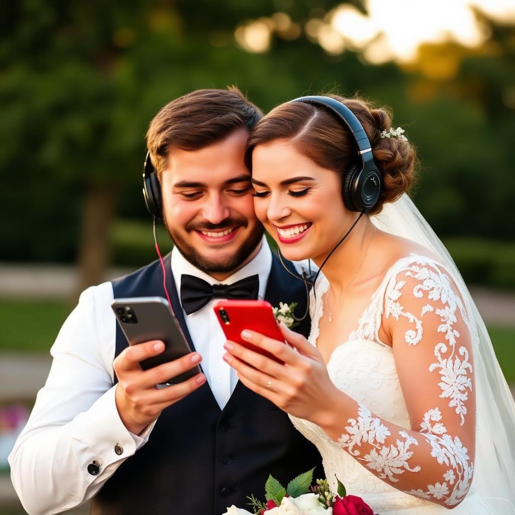 Couple on wedding day listening to personalised song on phone