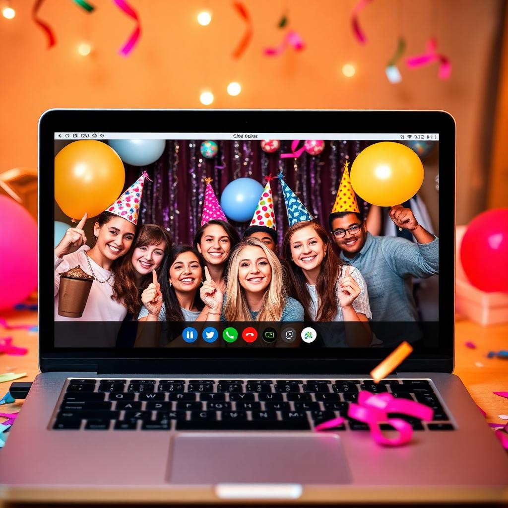 Laptop showing video call with friends holding birthday party hats