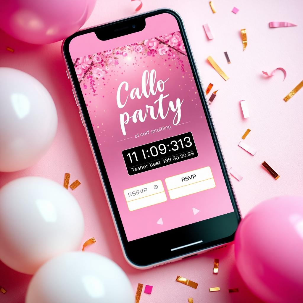Phone showing digital party invitation with RSVP and countdown timer