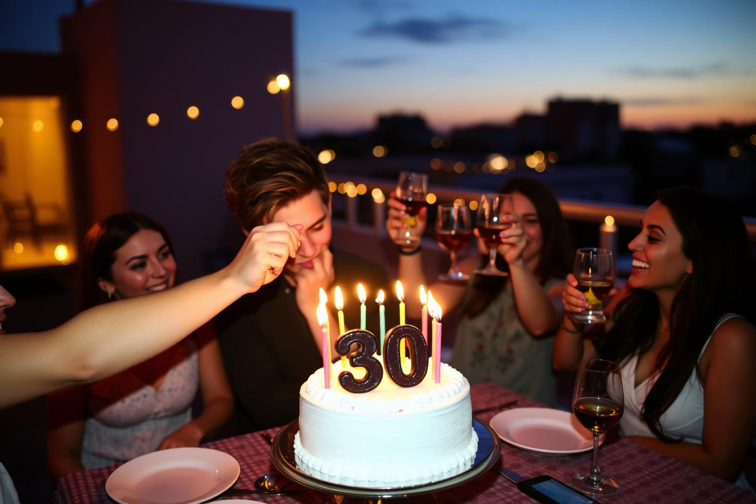 Person blowing out candles at rooftop 30th birthday party with friends