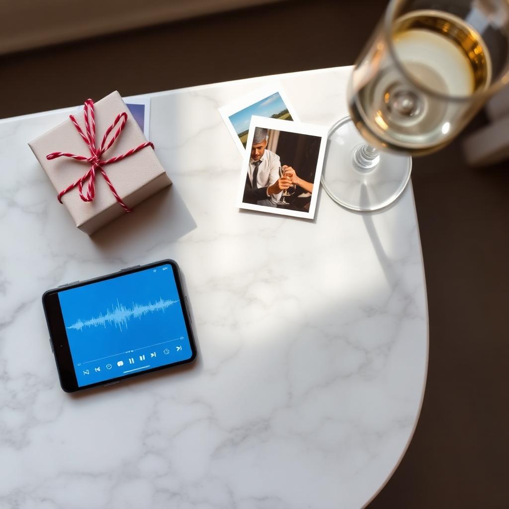 Phone with music waveform beside polaroids and gift on marble bench