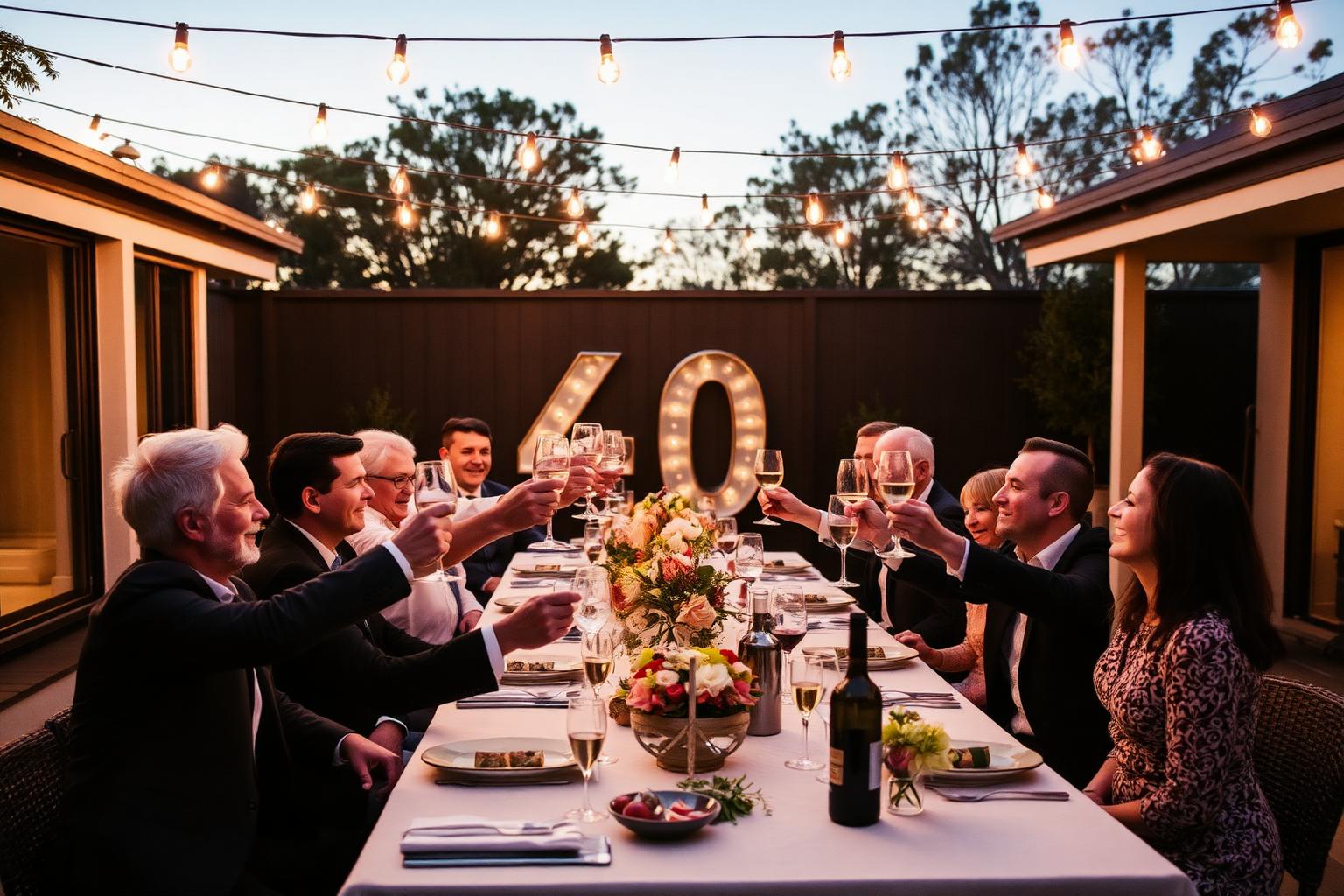 Adults raising glasses at sophisticated 40th birthday dinner in backyard