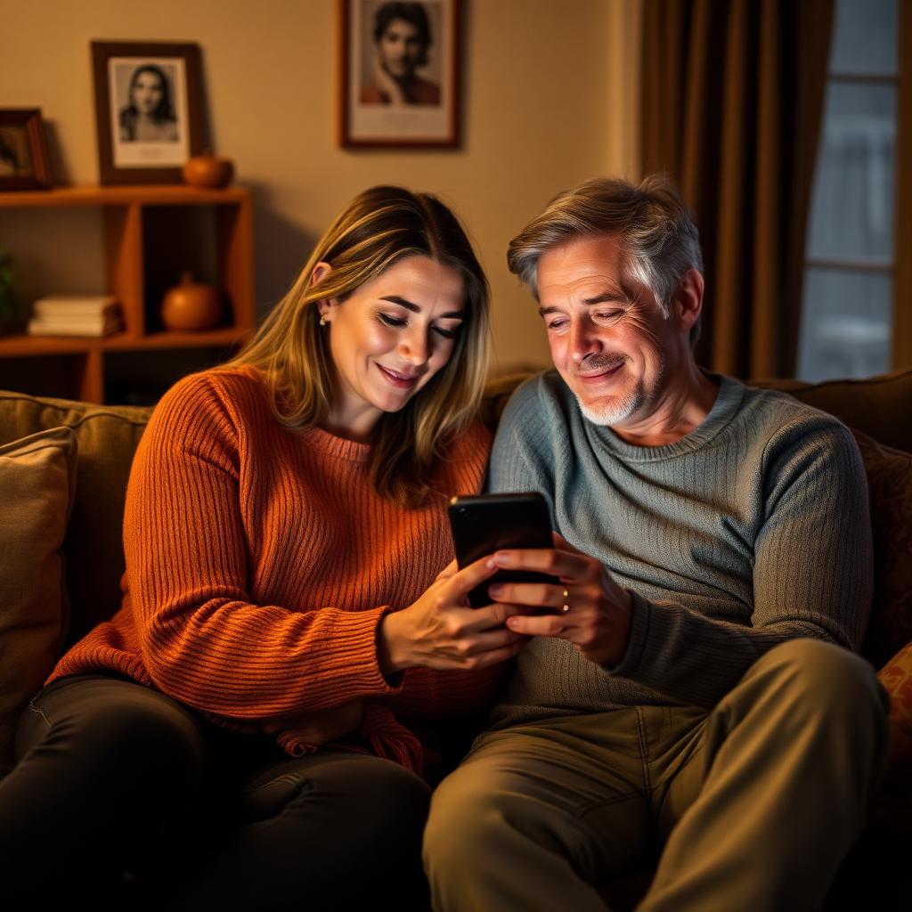 Couple listening to a personalised song on a phone together on the couch