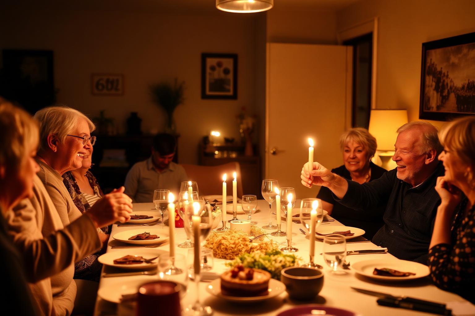 Three generations gathered around dinner table for warm 60th birthday celebration