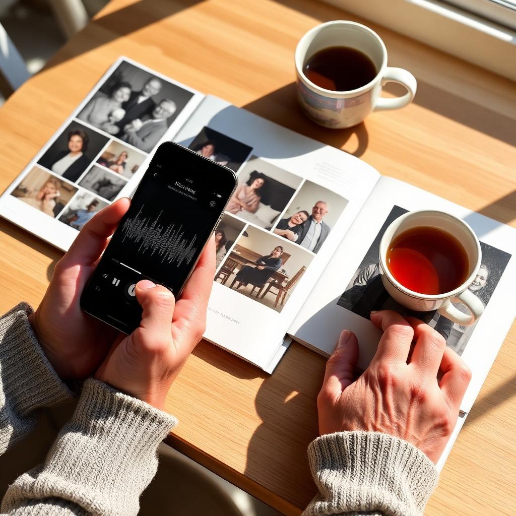 Older hands holding phone with personalised song beside open family photo album