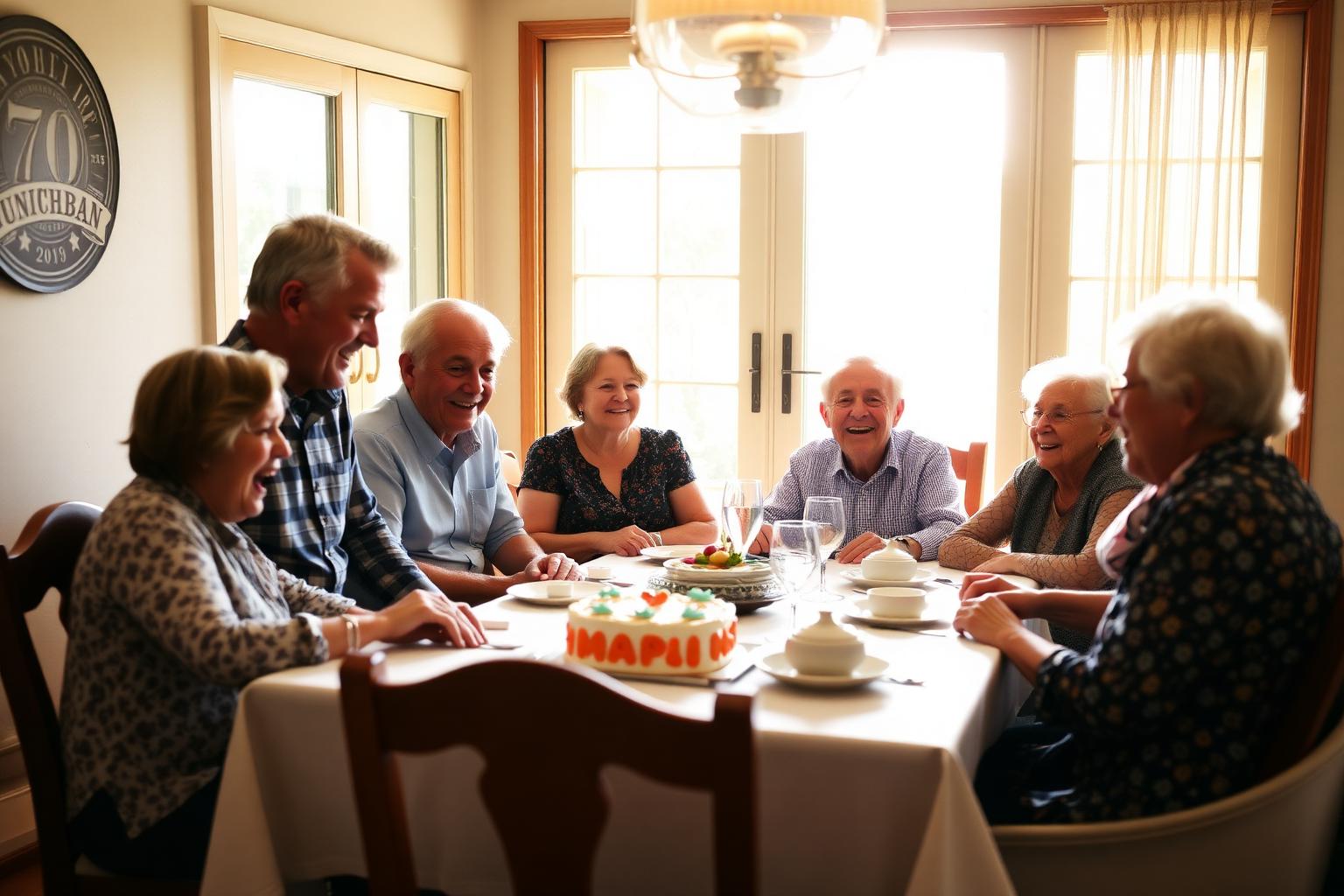 Three generations of family laughing around dining table at sunlit 70th birthday gathering
