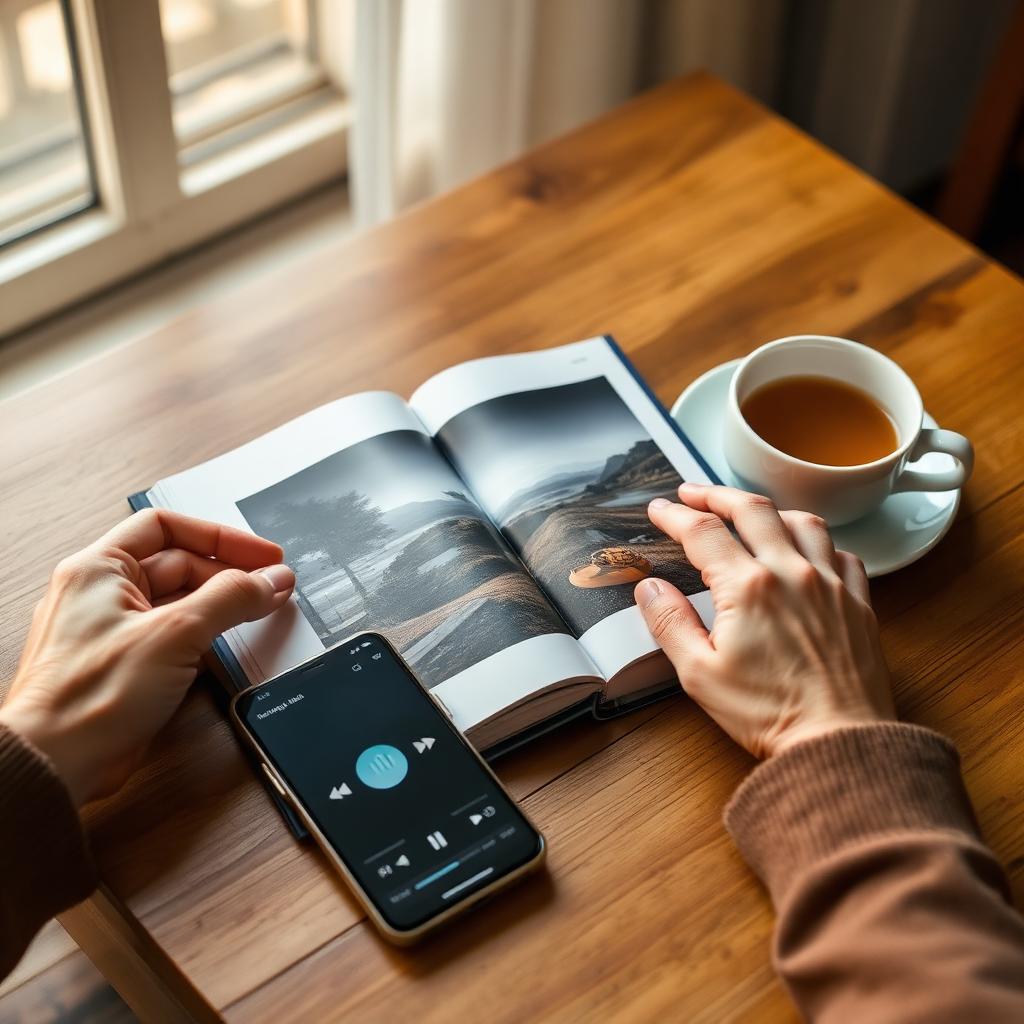 Older hands with open photo album beside phone playing song and cup of tea