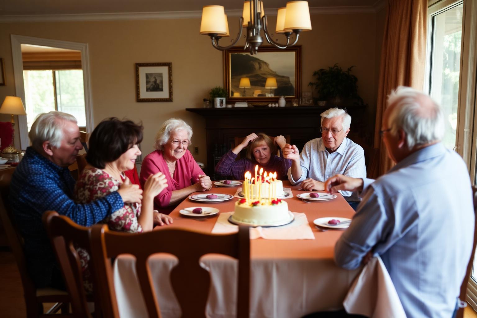 Four generations of family gathered around dining table at warm 80th birthday gathering