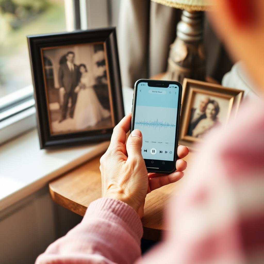 Older hands holding phone playing personalised song beside old framed wedding photo