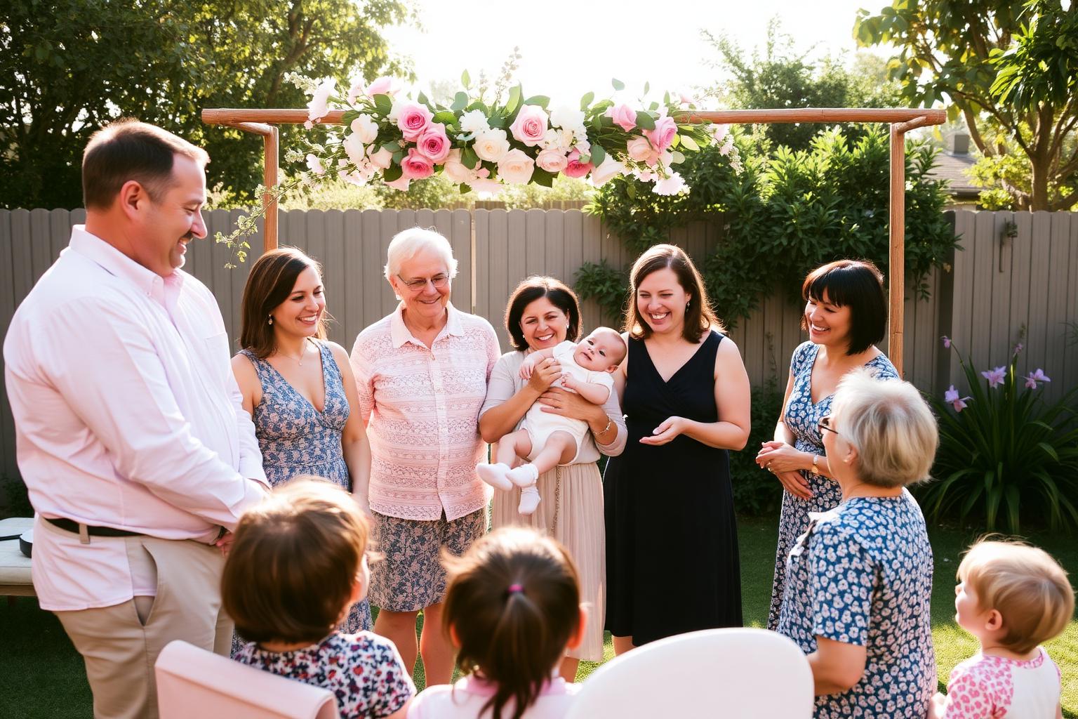 Family gathered around baby under floral arch at sunny backyard naming ceremony