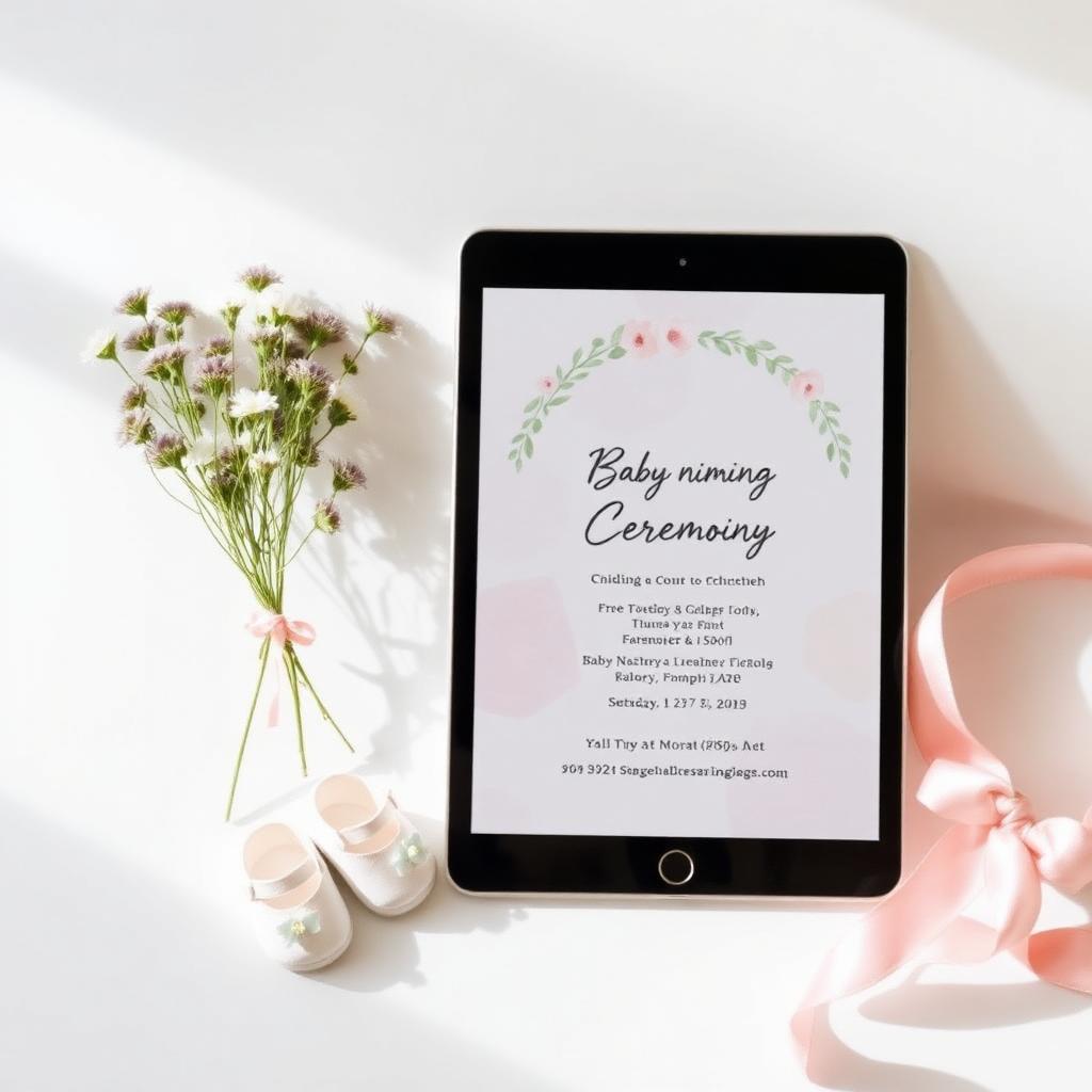 Tablet showing digital naming ceremony invitation beside baby shoes and wildflowers