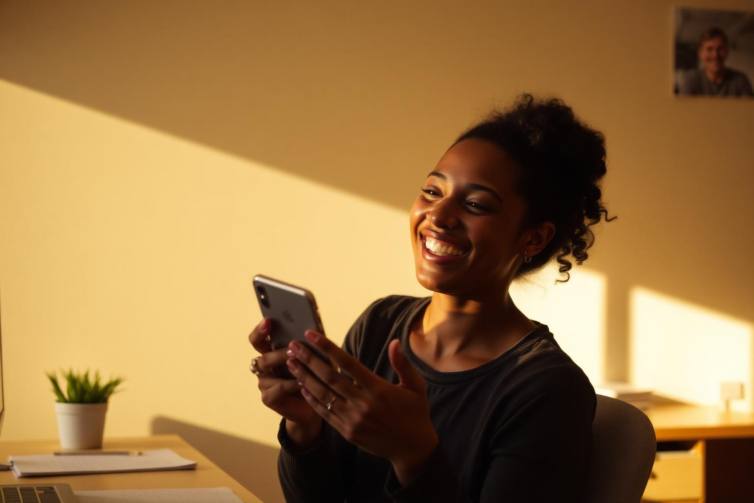 Person at sunlit desk reading phone notification with small joyful smile