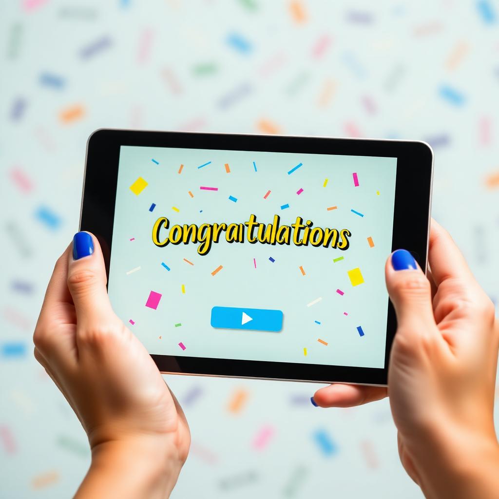 Tablet showing colourful congratulations eCard with confetti and play button