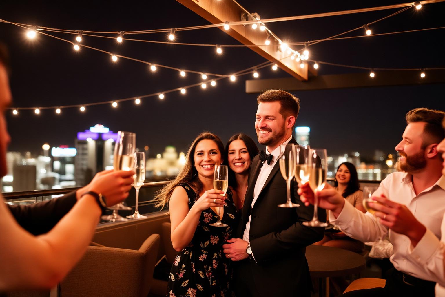 Couple embracing while friends raise champagne glasses at stylish rooftop engagement party