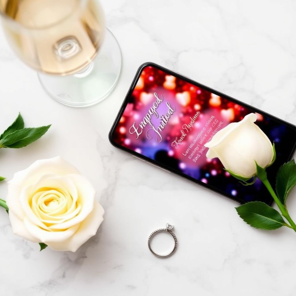 Phone showing digital engagement invitation beside champagne flute and engagement ring on marble