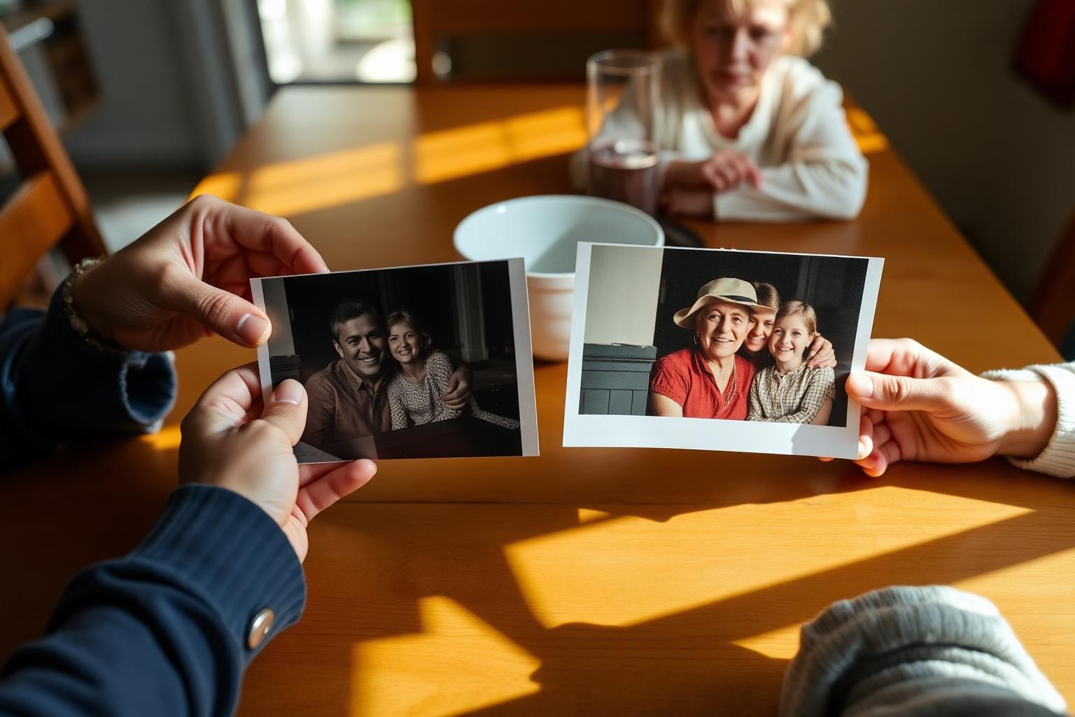 Family hands holding side-by-side old faded and restored vibrant family photos in sunlight