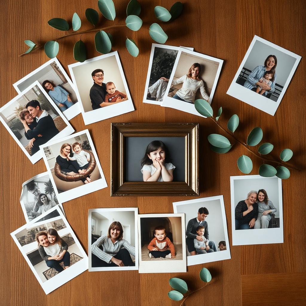 Multiple restored family photos spread on wooden table with framed enhanced centrepiece
