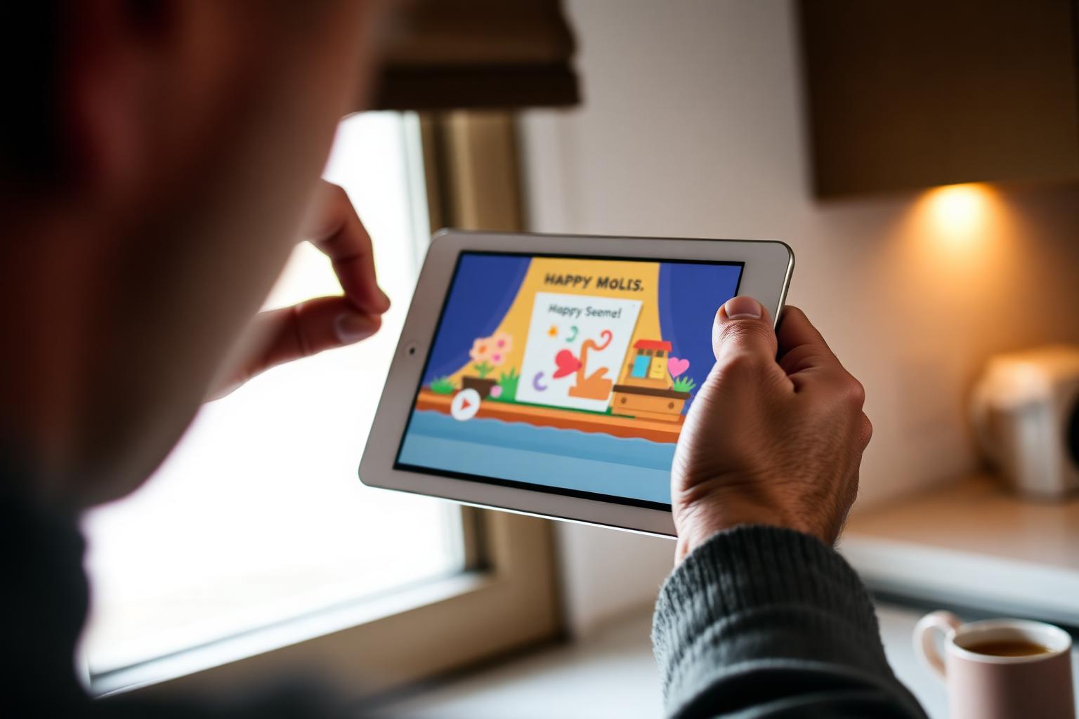 Dad's hands holding a tablet with an animated Father's Day greeting card
