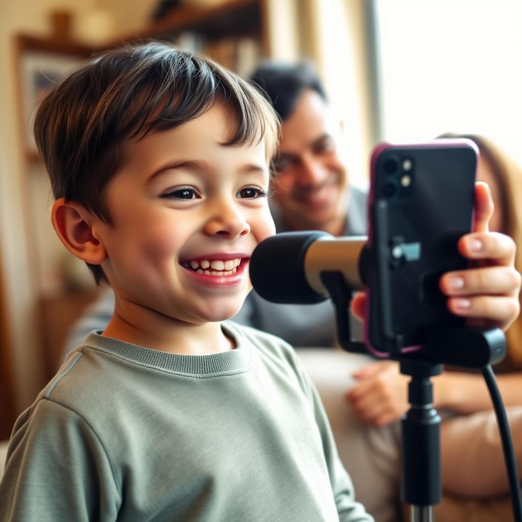 Child recording a voice message on a phone for a Father's Day card