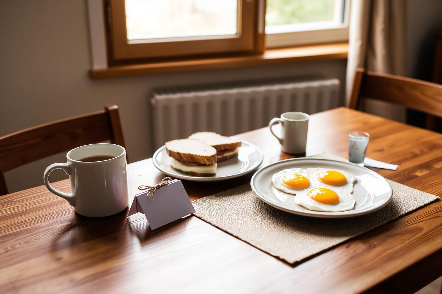 Australian Father's Day breakfast spread with wrapped gift and card on wooden table