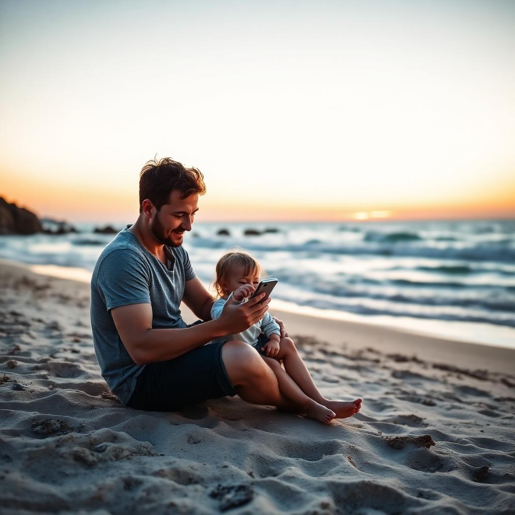 Father and adult child on beach at sunset looking at phone together