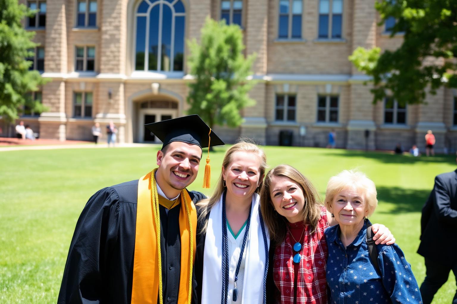 Graduate in cap and gown smiling with family on university campus lawn