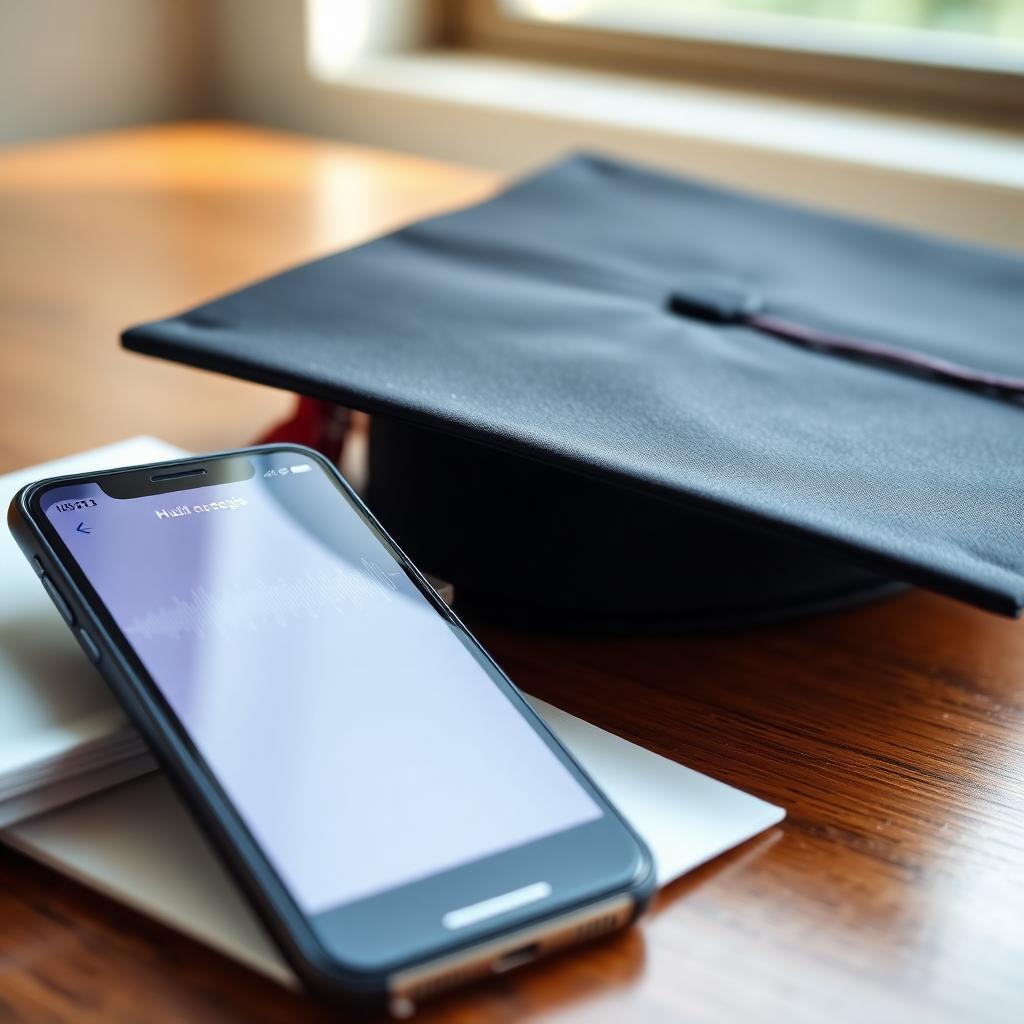 Graduation cap beside phone playing personalised song and folded letter