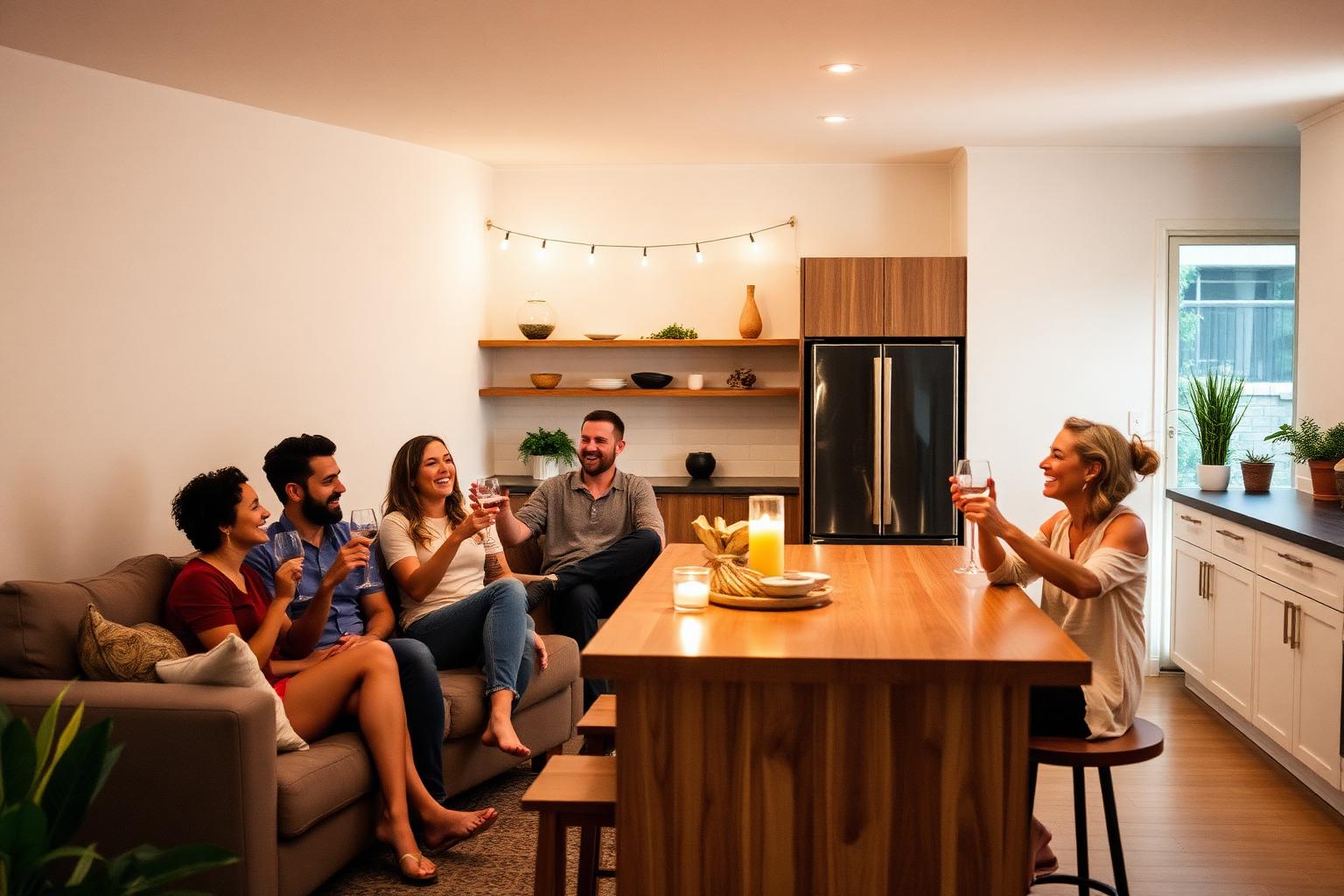 Friends laughing on couch and around kitchen island holding wine glasses at warm housewarming