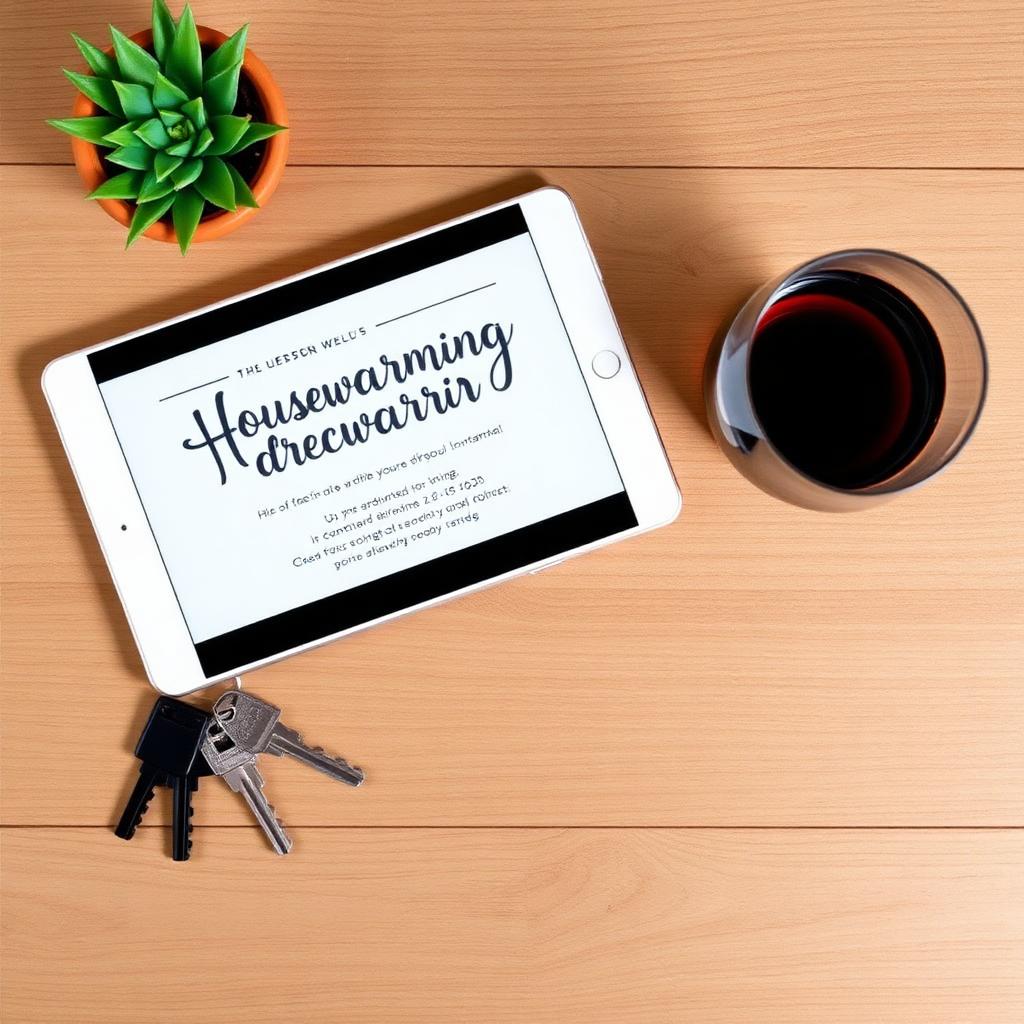 Tablet with digital housewarming invitation beside house keys, succulent and glass of red wine