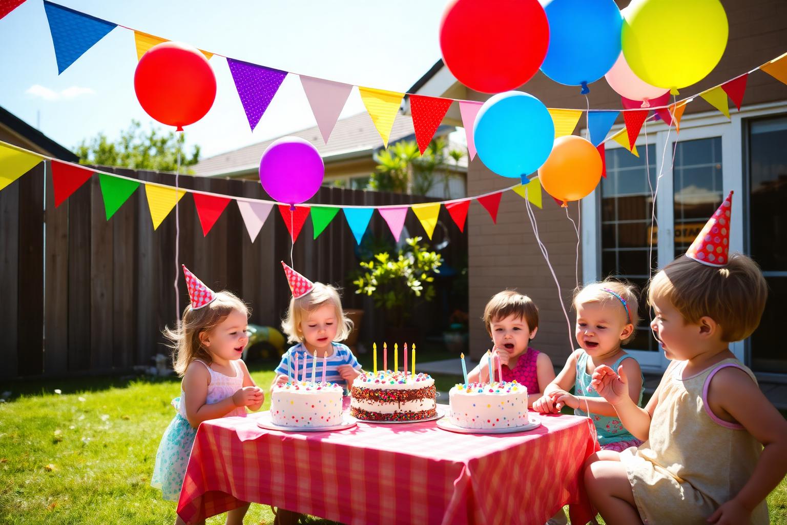 Children playing happily with balloons and bunting at sunny backyard kids birthday party