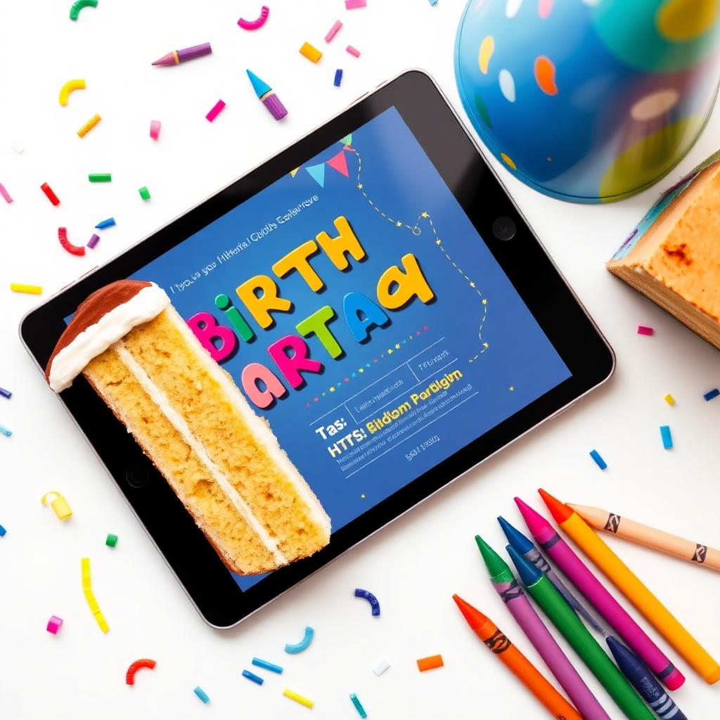 Tablet showing colourful kids birthday invitation beside cake slice, party hat and crayons