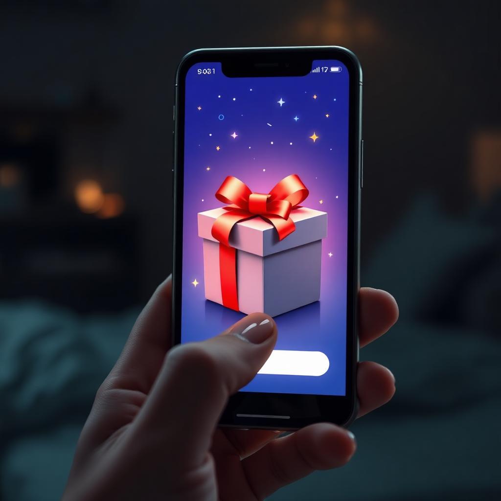 Phone showing an animated digital gift box opening with a glowing bow