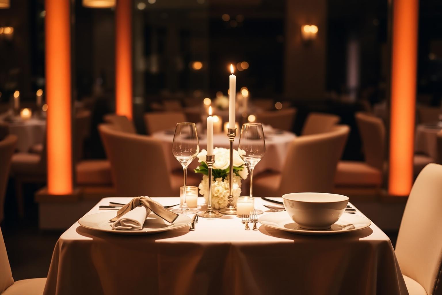 Two place settings facing each other across candlelit table for milestone anniversary dinner