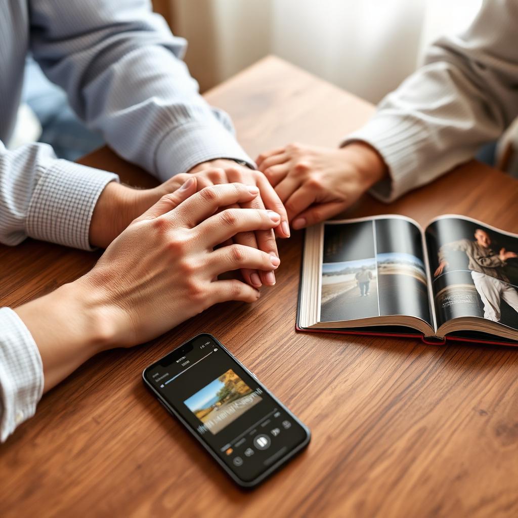 Older couples hands together beside phone playing song and open photo album