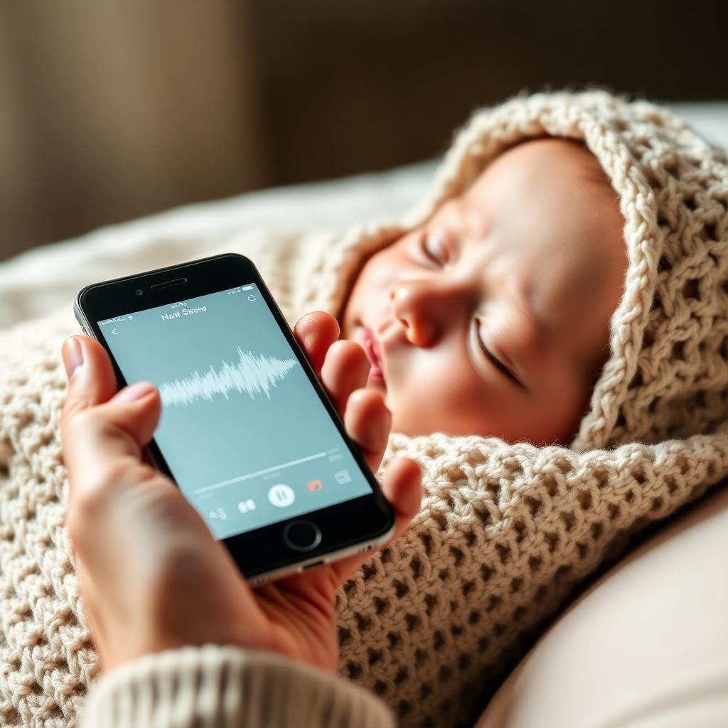 Parents hand with phone playing lullaby waveform near sleeping newborn in knitted blanket