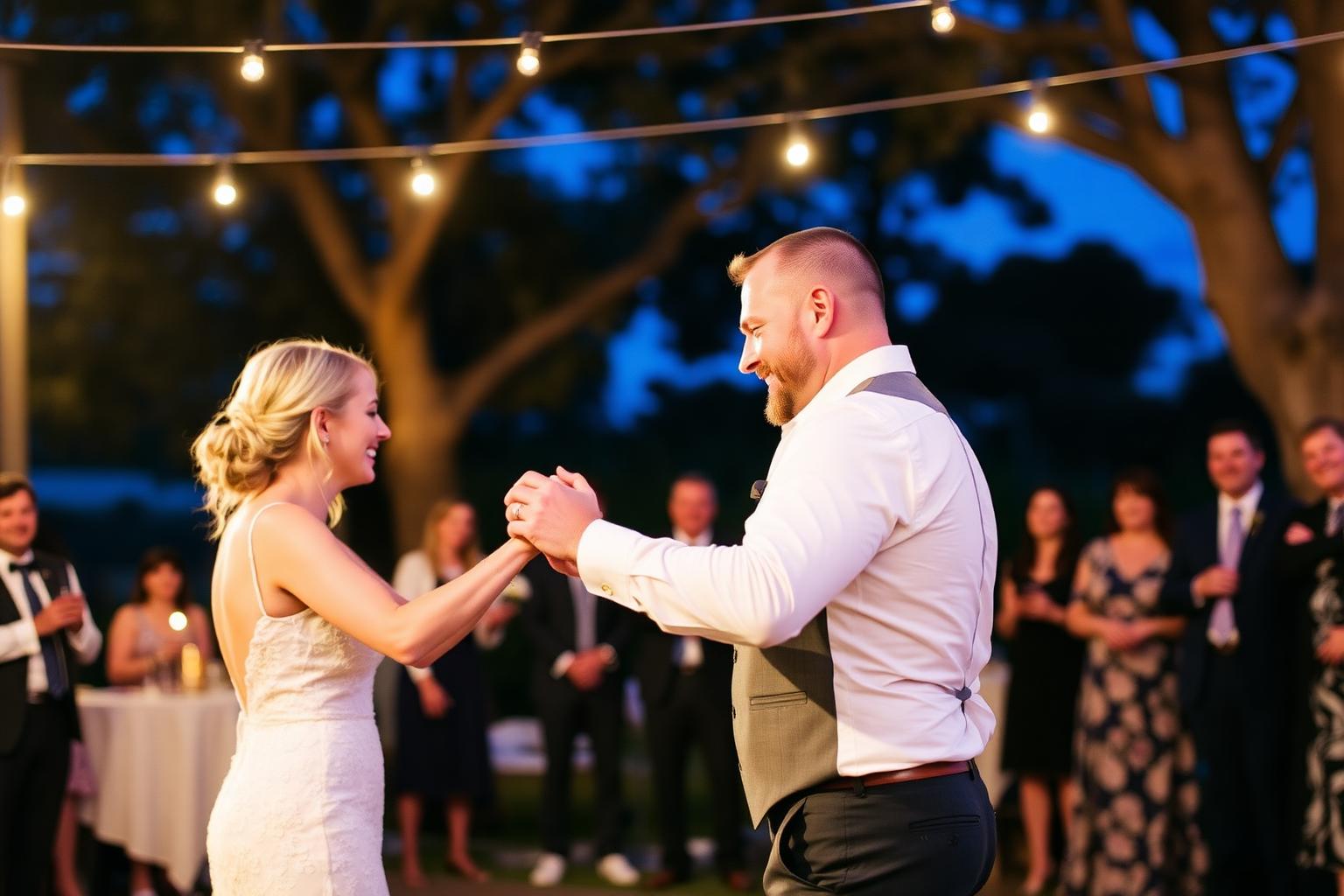 Couple sharing first dance under string lights at outdoor vineyard wedding at twilight