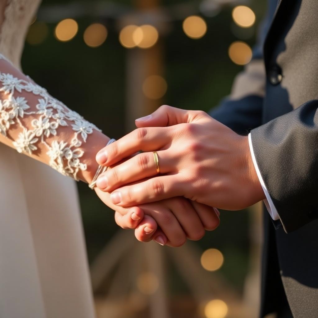Couples hands close together during outdoor wedding ceremony with bokeh lights behind